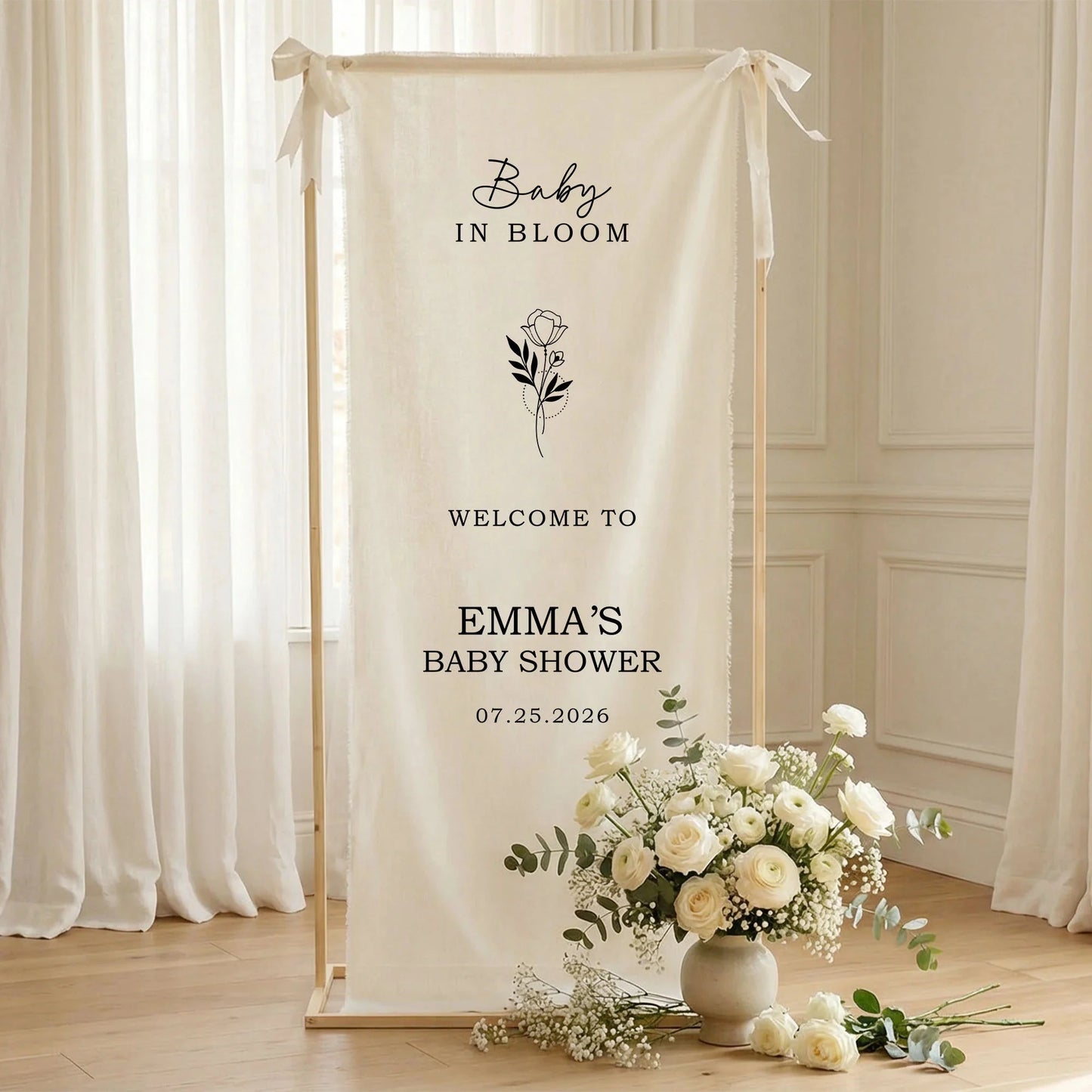 Floral Baby Shower Banner Personalized Custom Name Baby in Bloom Shower Backdrop Decor, baby shower decor (view 9)
