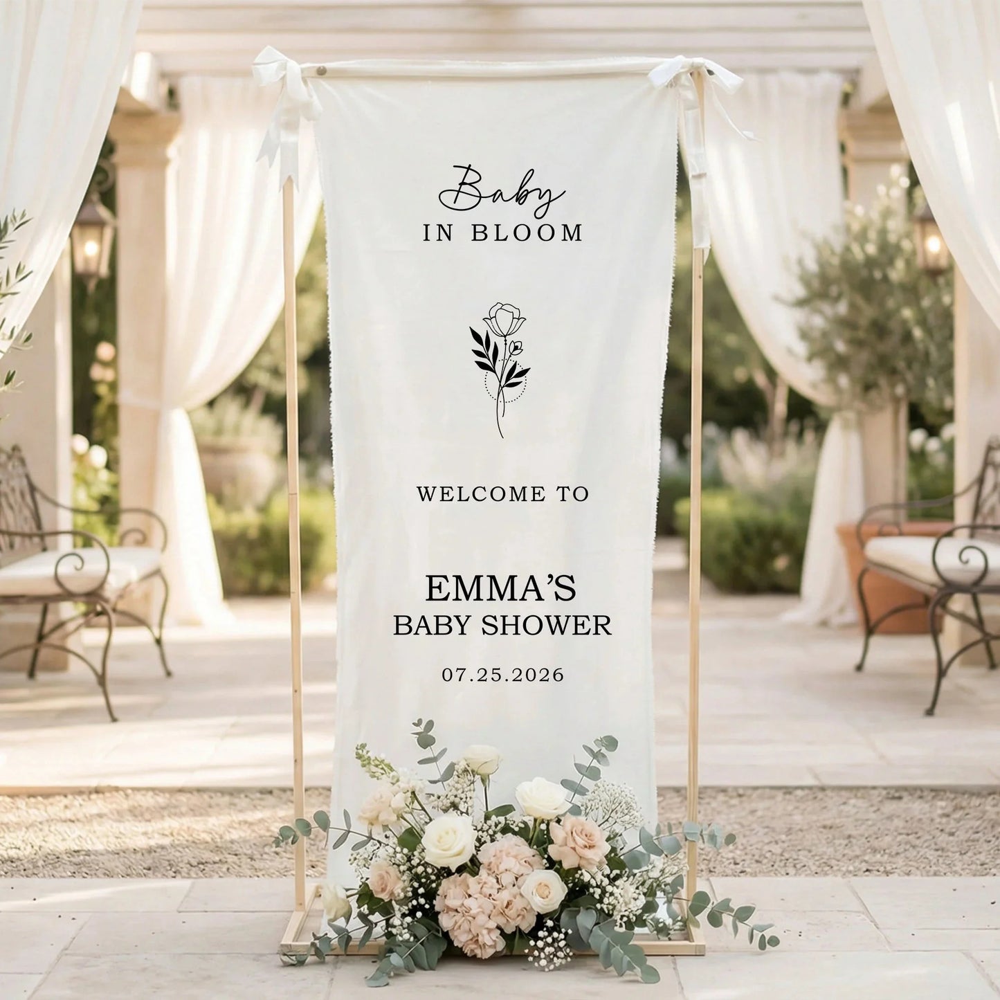 Floral Baby Shower Banner Personalized Custom Name Baby in Bloom Shower Backdrop Decor, baby shower decor (view 10)