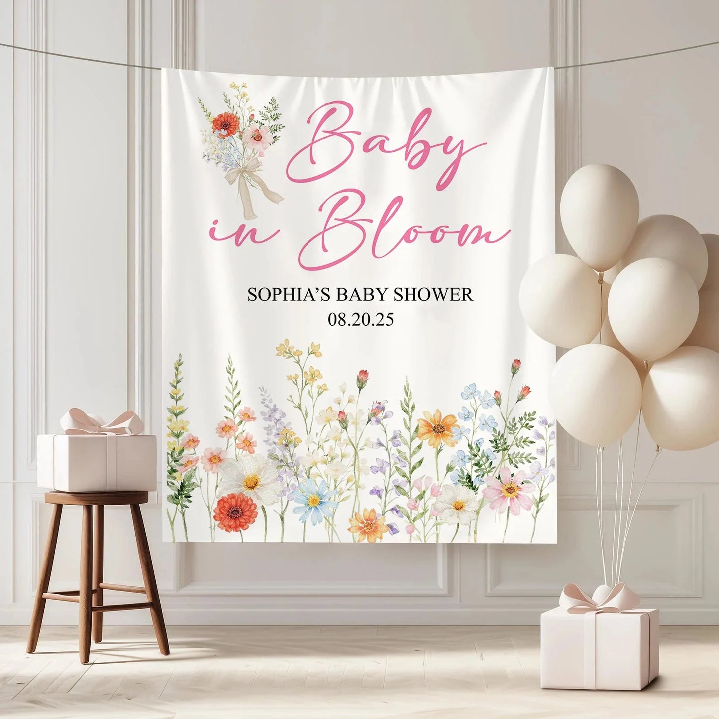 Baby In Bloom Baby Shower Tapestry Personalized Custom Name Floral Baby Shower Backdrop Banner, baby shower decor