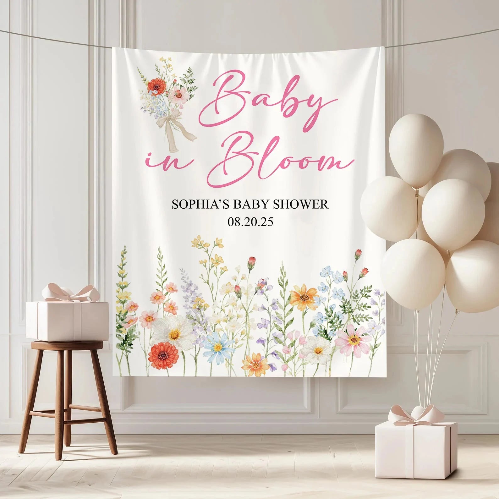 Baby In Bloom Baby Shower Tapestry Personalized Custom Name Floral Baby Shower Backdrop Banner, baby shower decor