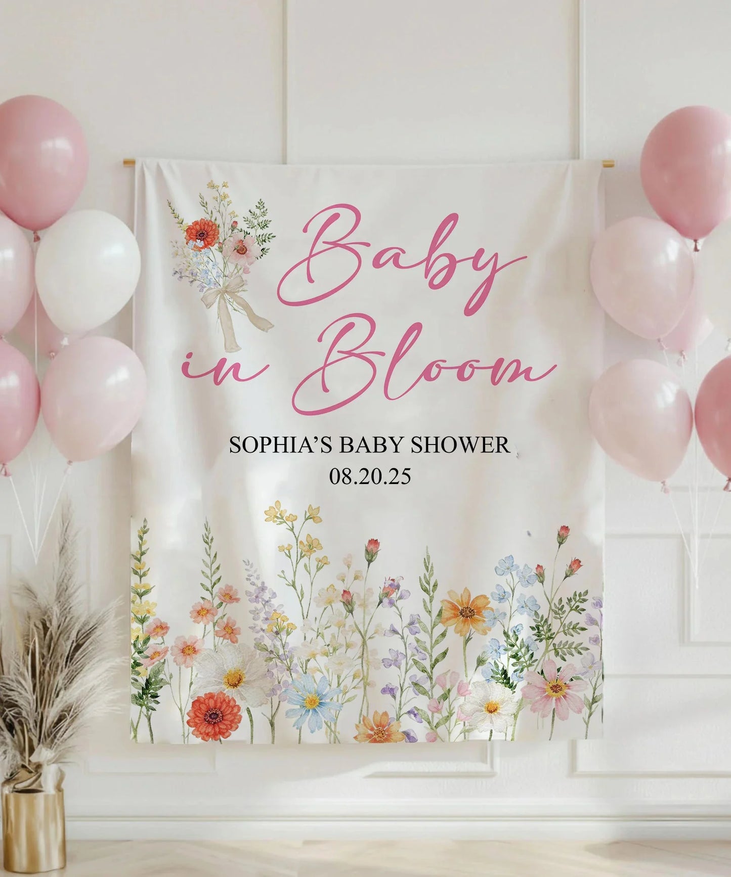 Baby In Bloom Baby Shower Tapestry Personalized Custom Name Floral Baby Shower Backdrop Banner, baby shower decor (view 2)