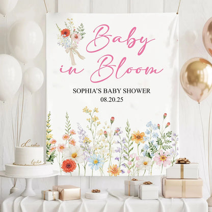 Baby In Bloom Baby Shower Tapestry Personalized Custom Name Floral Baby Shower Backdrop Banner, baby shower decor (view 3)