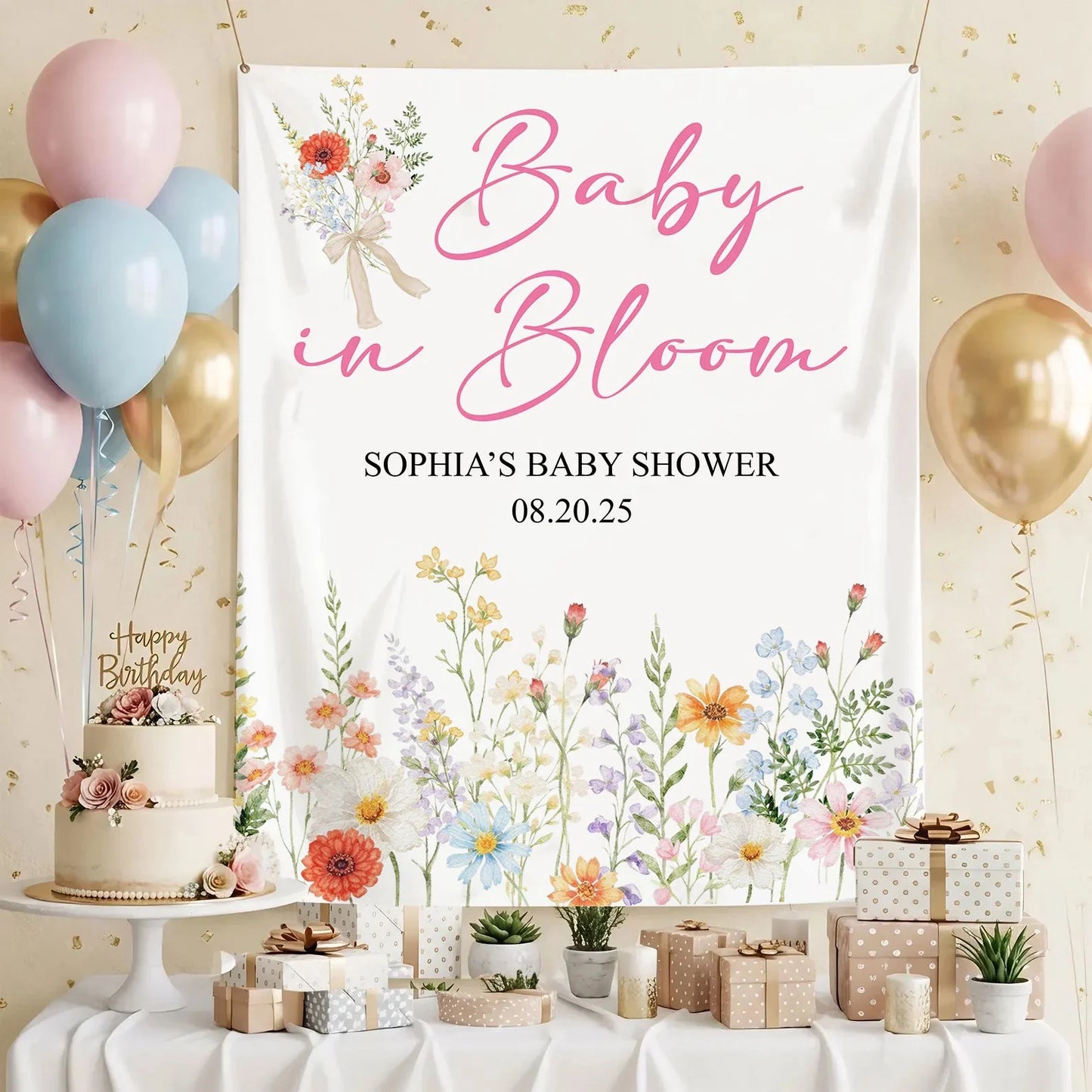 Baby In Bloom Baby Shower Tapestry Personalized Custom Name Floral Baby Shower Backdrop Banner, baby shower decor (view 4)