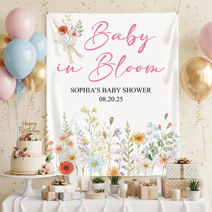 Baby In Bloom Baby Shower Tapestry Personalized Custom Name Floral Baby Shower Backdrop Banner, baby shower decor (view 4)