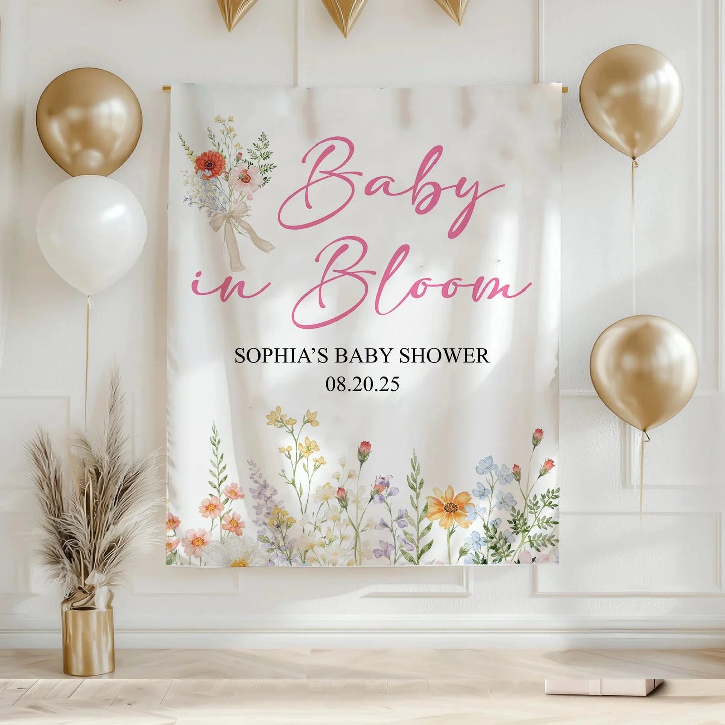 Baby In Bloom Baby Shower Tapestry Personalized Custom Name Floral Baby Shower Backdrop Banner, baby shower decor (view 5)
