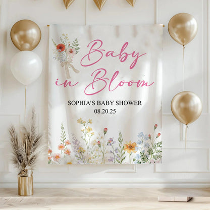 Baby In Bloom Baby Shower Tapestry Personalized Custom Name Floral Baby Shower Backdrop Banner, baby shower decor (view 5)