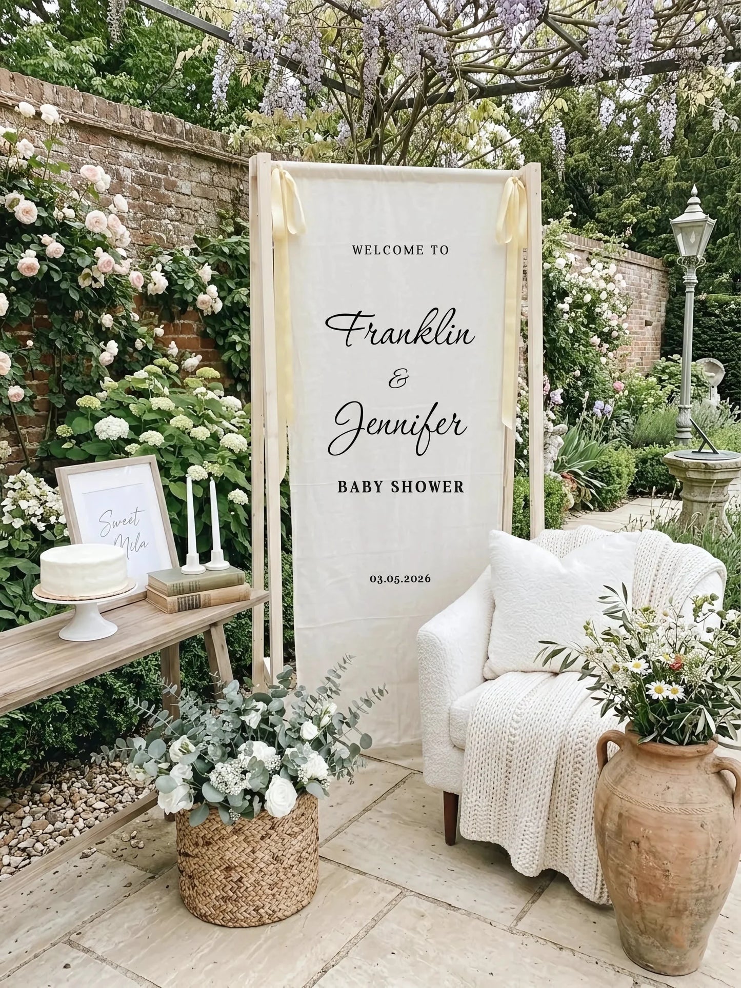 Baby Shower Banner Stand Personalized Baby Shower Welcome Sign Custom Name Linen Baby Shower Decor, baby shower decor