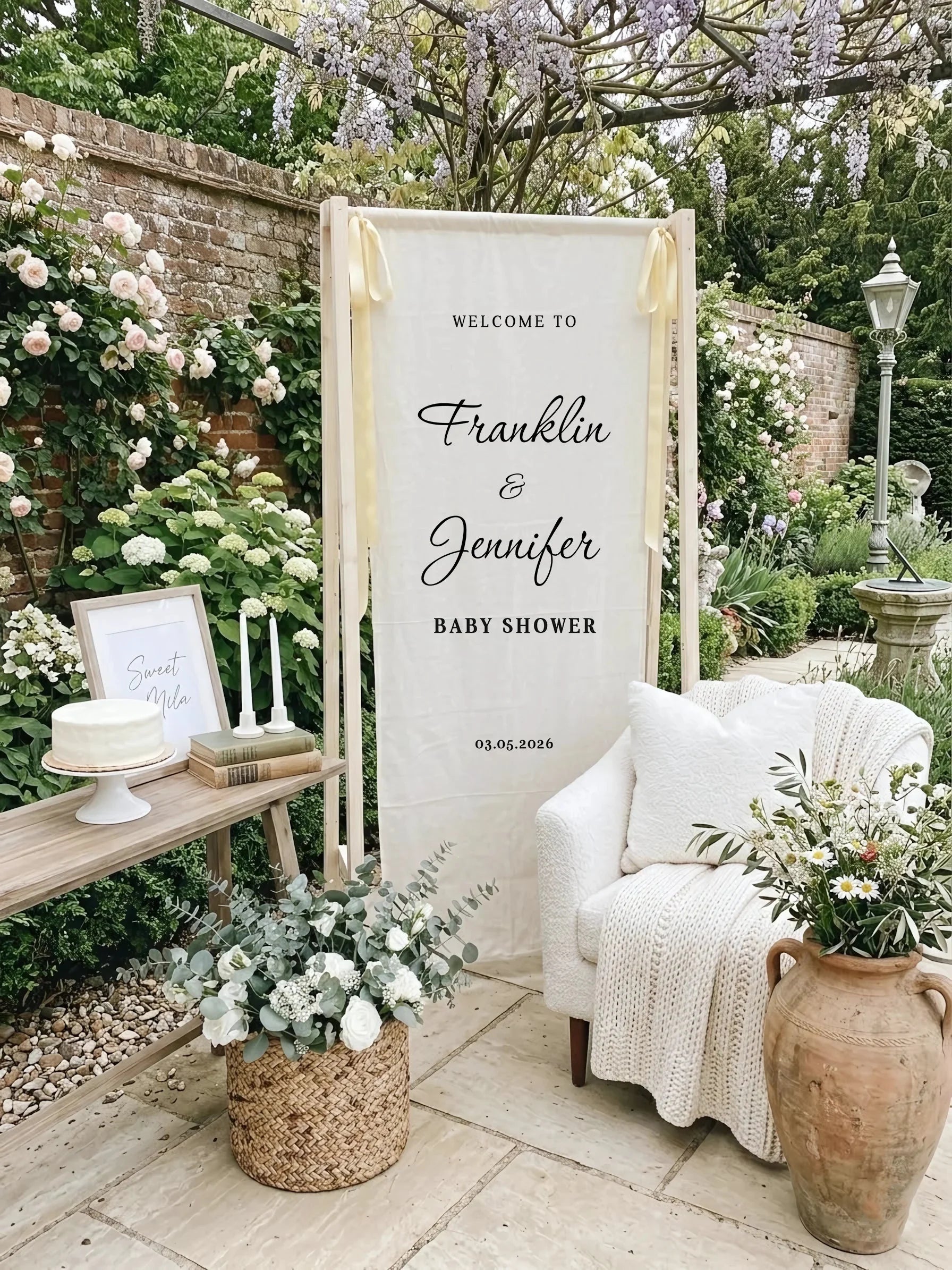 Baby Shower Banner Stand Personalized Baby Shower Welcome Sign Custom Name Linen Baby Shower Decor, baby shower decor