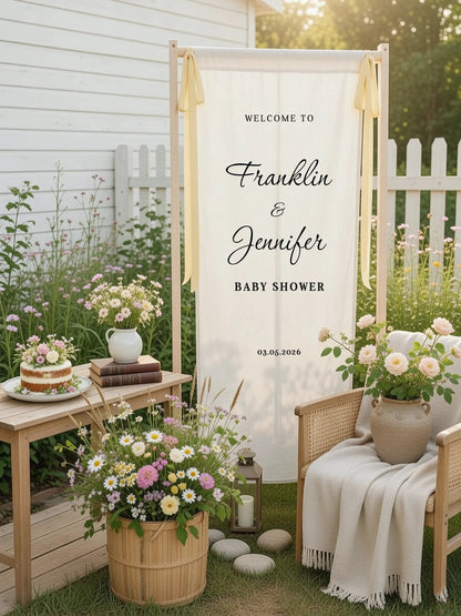 Baby Shower Banner Stand Personalized Baby Shower Welcome Sign Custom Name Linen Baby Shower Decor, baby shower decor