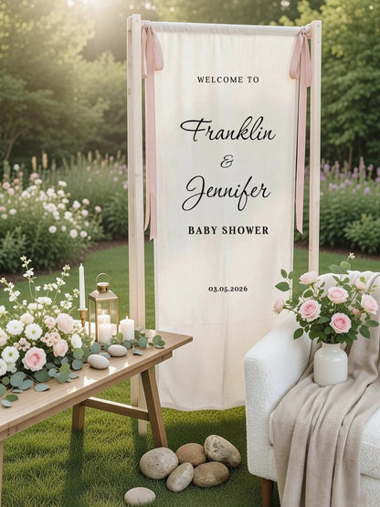 Baby Shower Banner Stand Personalized Baby Shower Welcome Sign Custom Name Linen Baby Shower Decor, baby shower decor
