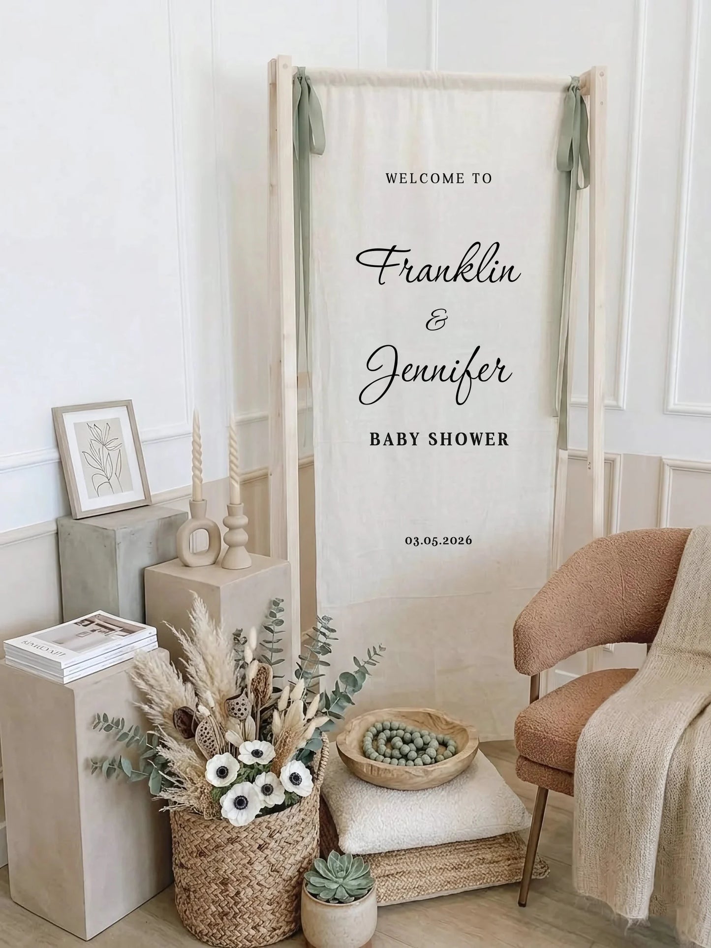 Baby Shower Banner Stand Personalized Baby Shower Welcome Sign Custom Name Linen Baby Shower Decor, baby shower decor