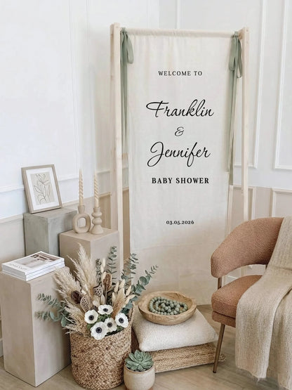 Baby Shower Banner Stand Personalized Baby Shower Welcome Sign Custom Name Linen Baby Shower Decor, baby shower decor