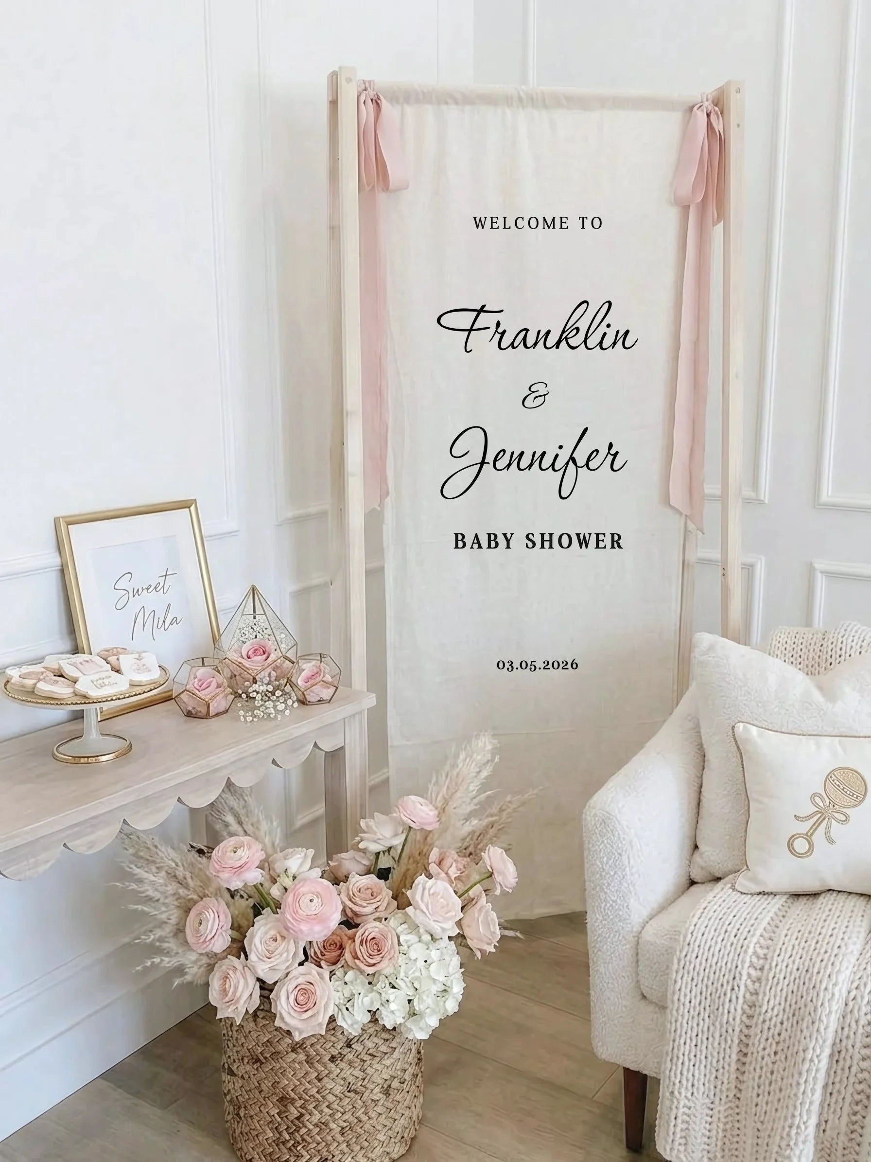 Baby Shower Banner Stand Personalized Baby Shower Welcome Sign Custom Name Linen Baby Shower Decor, baby shower decor