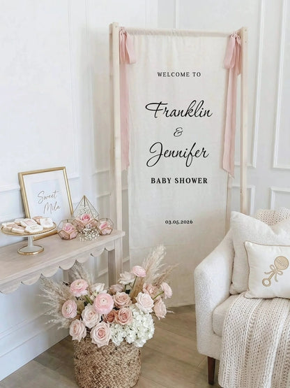 Baby Shower Banner Stand Personalized Baby Shower Welcome Sign Custom Name Linen Baby Shower Decor, baby shower decor