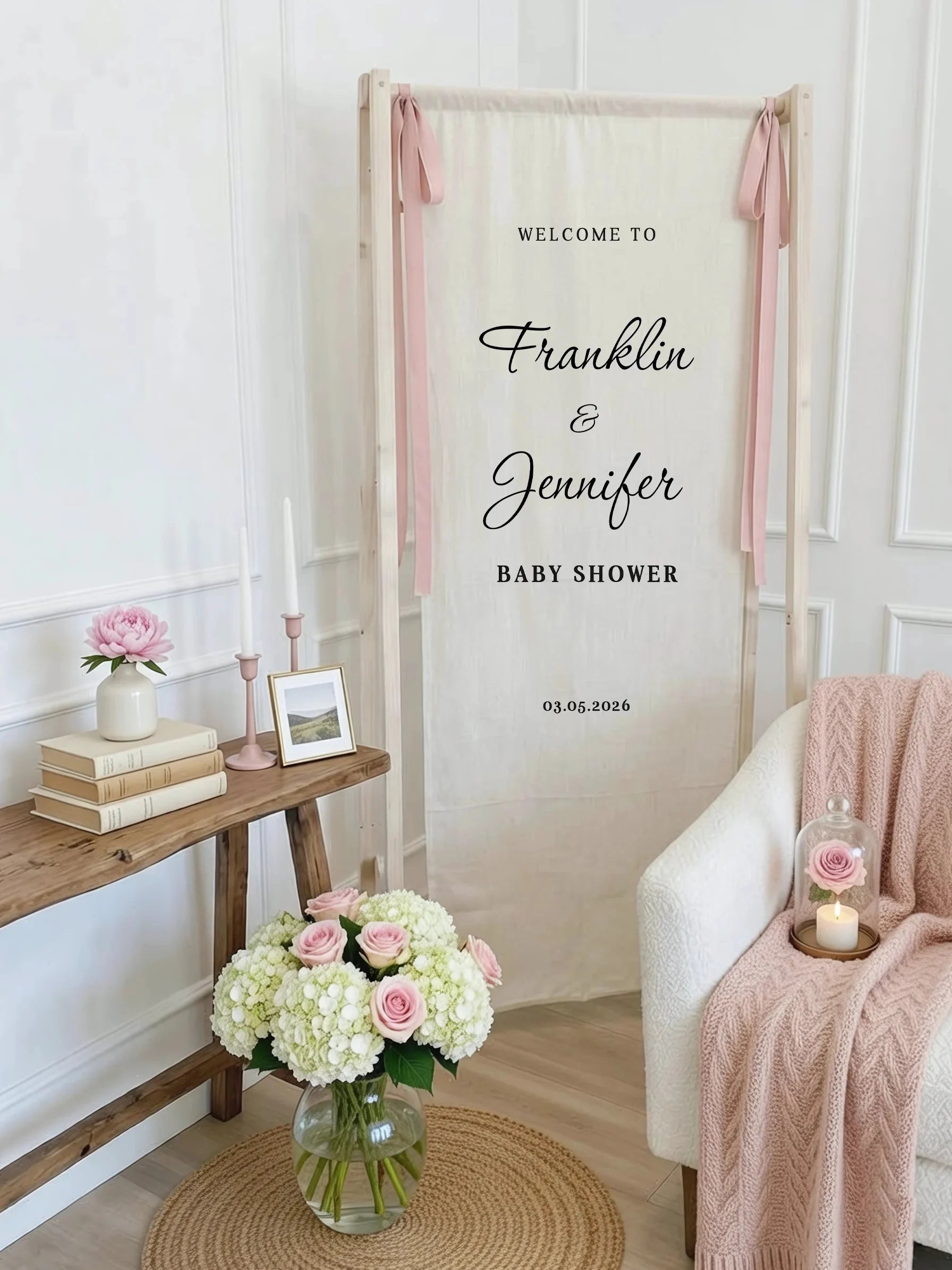 Baby Shower Banner Stand Personalized Baby Shower Welcome Sign Custom Name Linen Baby Shower Decor, baby shower decor