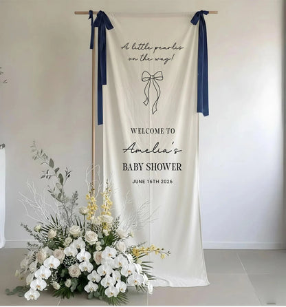 Baby Shower Banner Stand Personalized Baby Shower Welcome Sign A Little Pearls on the Way Custom Name Linen Decor, baby sh...