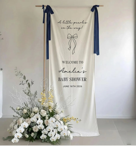 Baby Shower Banner Stand Personalized Baby Shower Welcome Sign A Little Pearls on the Way Custom Name Linen Decor, baby sh...