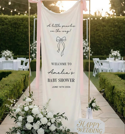Baby Shower Banner Stand Personalized Baby Shower Welcome Sign A Little Pearls on the Way Custom Name Linen Decor, baby sh...