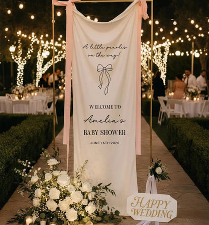 Baby Shower Banner Stand Personalized Baby Shower Welcome Sign A Little Pearls on the Way Custom Name Linen Decor, baby sh...