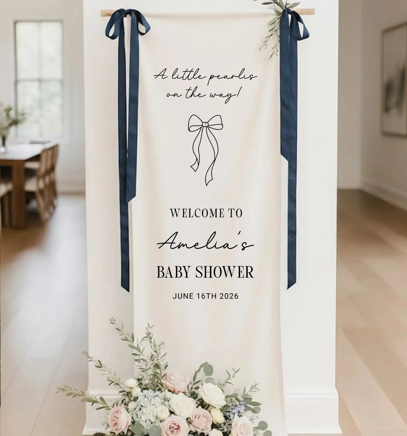 Baby Shower Banner Stand Personalized Baby Shower Welcome Sign A Little Pearls on the Way Custom Name Linen Decor, baby sh...