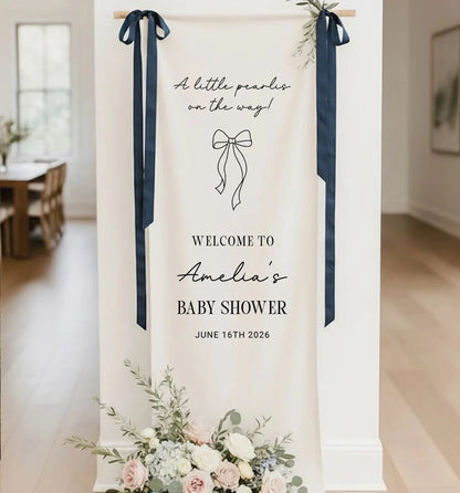 Baby Shower Banner Stand Personalized Baby Shower Welcome Sign A Little Pearls on the Way Custom Name Linen Decor, baby sh...