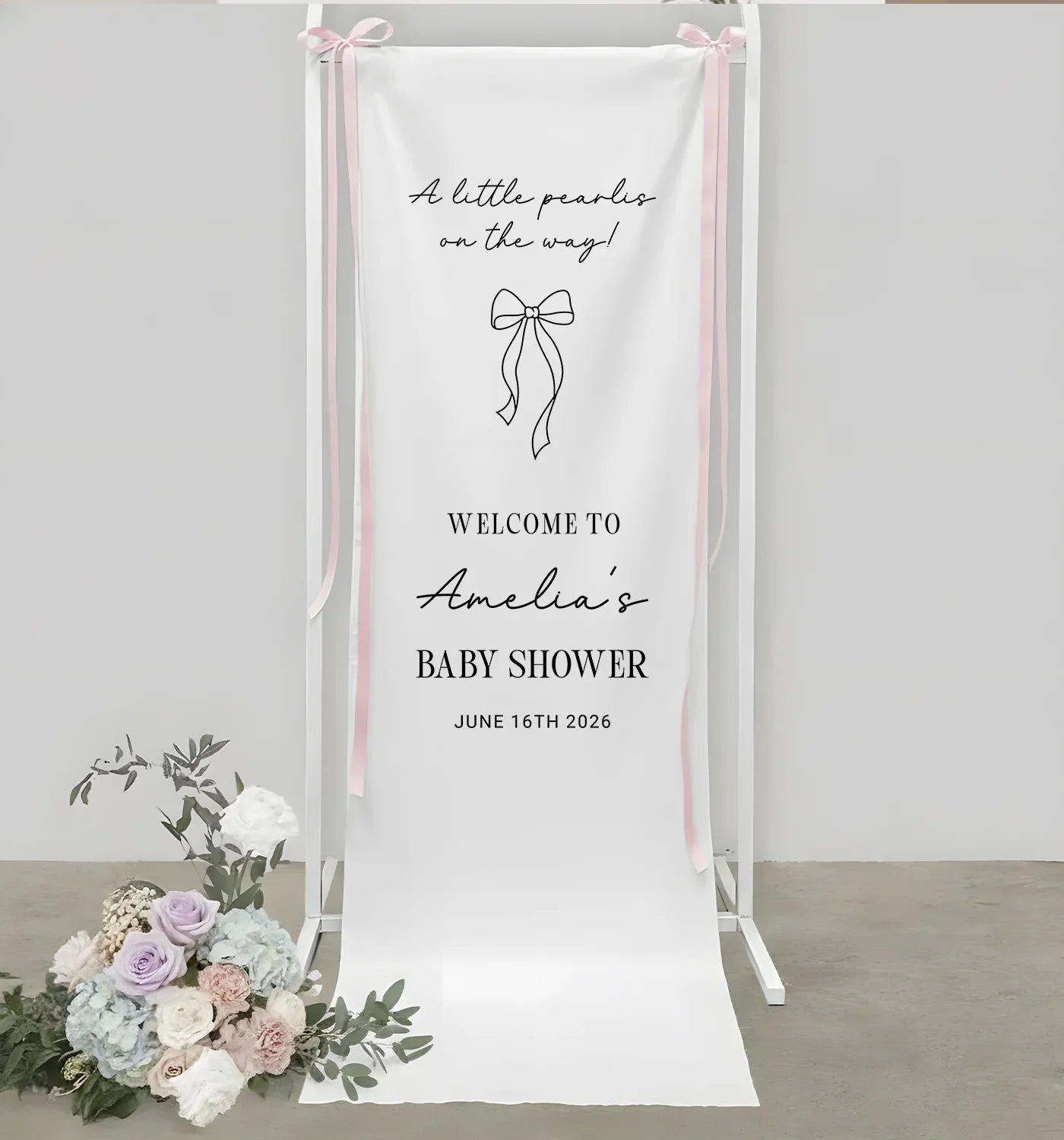 Baby Shower Banner Stand Personalized Baby Shower Welcome Sign A Little Pearls on the Way Custom Name Linen Decor, baby sh...