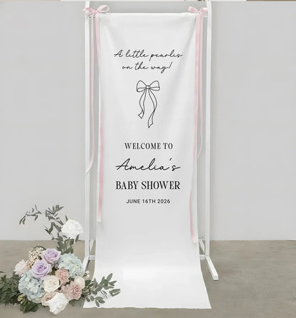 Baby Shower Banner Stand Personalized Baby Shower Welcome Sign A Little Pearls on the Way Custom Name Linen Decor, baby sh...