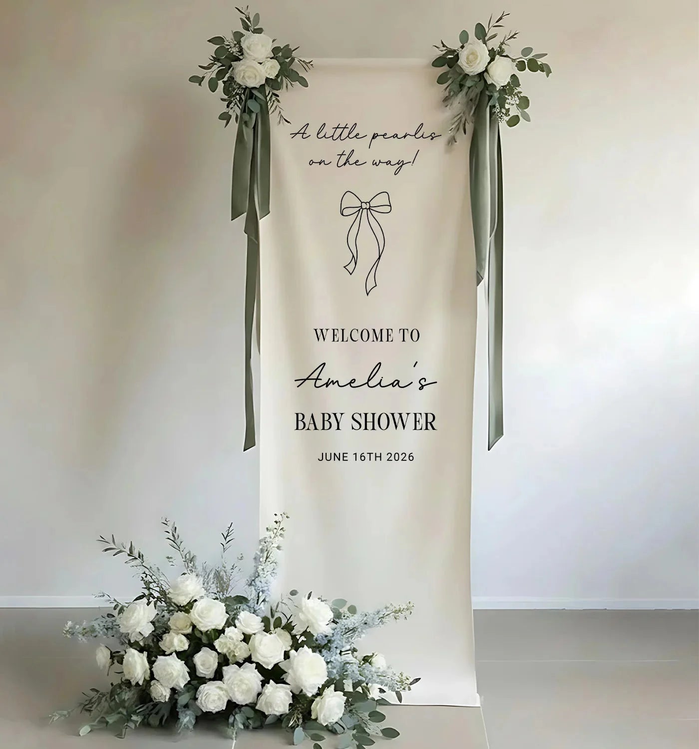 Baby Shower Banner Stand Personalized Baby Shower Welcome Sign A Little Pearls on the Way Custom Name Linen Decor, baby sh...