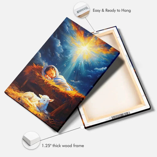baby jesus with a lamb baby jesus in the manger wall art canvas