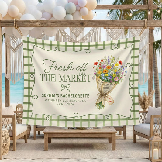 Fresh Off the Market Bachelorette Tapestry Personalized Bridal Bachelorette Party Backdrop, bridal shower decor