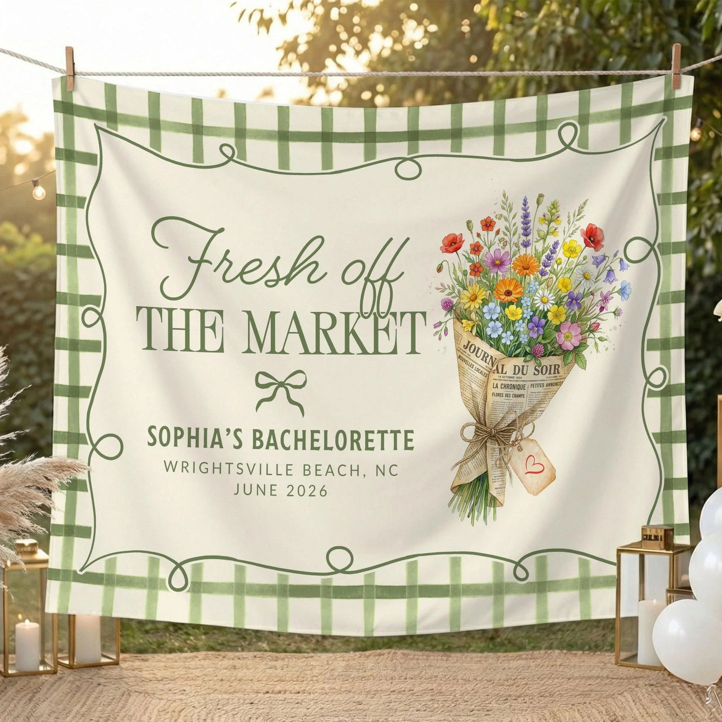Fresh Off the Market Bachelorette Tapestry Personalized Bridal Bachelorette Party Backdrop, bridal shower decor (view 2)