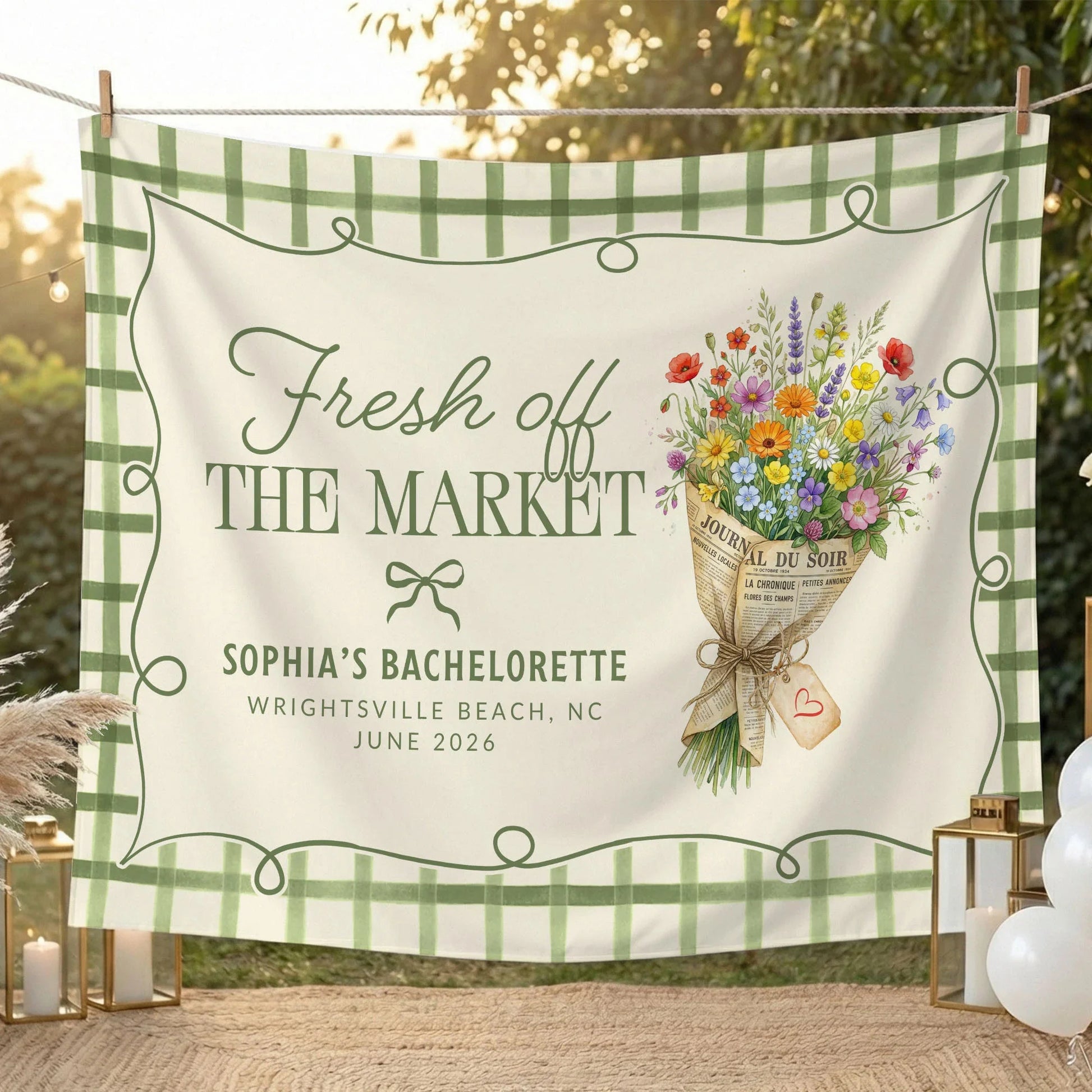 Fresh Off the Market Bachelorette Tapestry Personalized Bridal Bachelorette Party Backdrop, bridal shower decor (view 2)