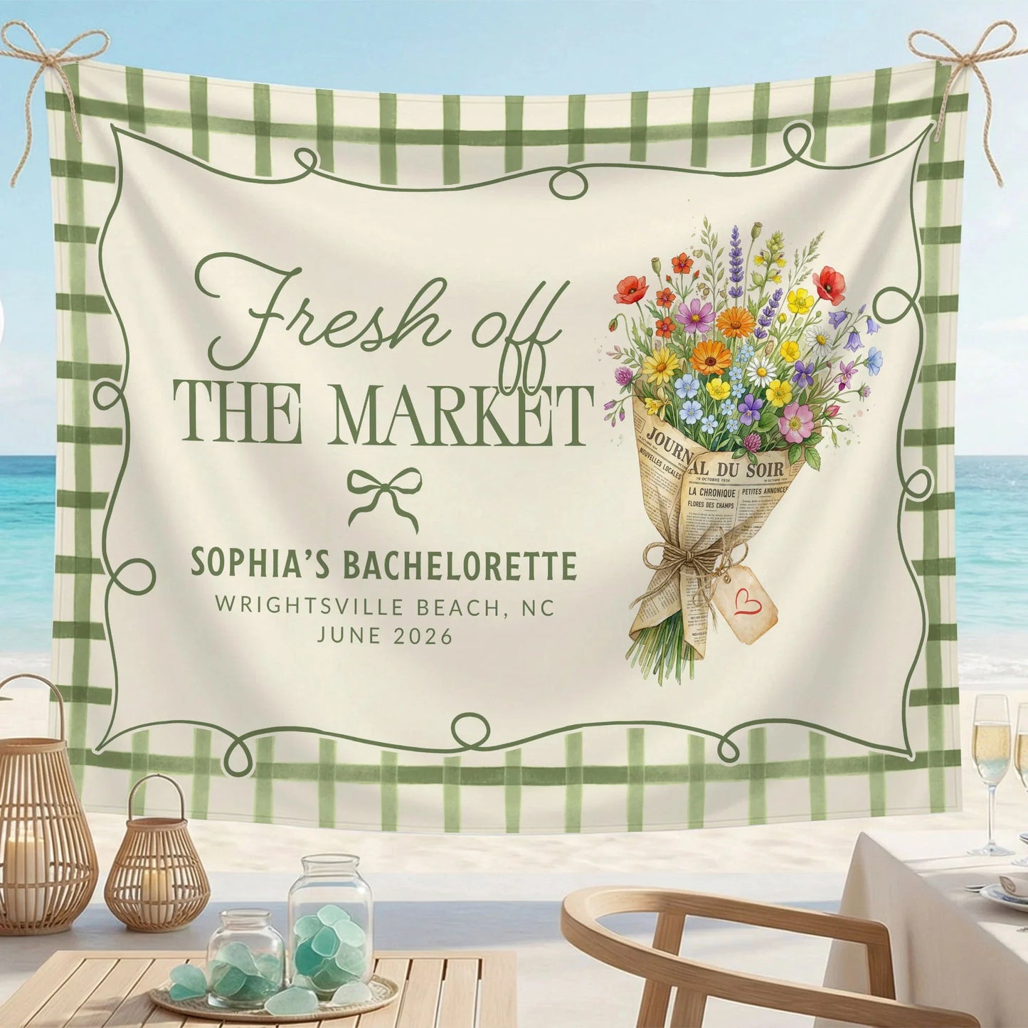 Fresh Off the Market Bachelorette Tapestry Personalized Bridal Bachelorette Party Backdrop, bridal shower decor (view 3)