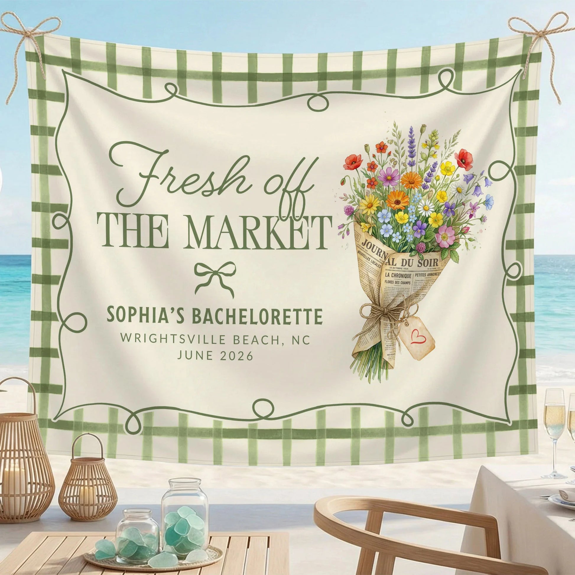 Fresh Off the Market Bachelorette Tapestry Personalized Bridal Bachelorette Party Backdrop, bridal shower decor (view 3)