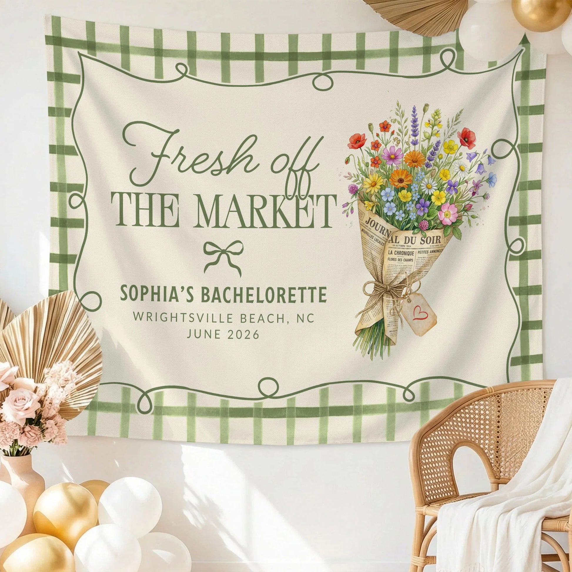 Fresh Off the Market Bachelorette Tapestry Personalized Bridal Bachelorette Party Backdrop, bridal shower decor (view 4)