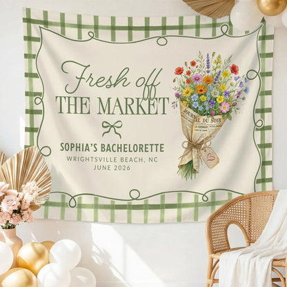 Fresh Off the Market Bachelorette Tapestry Personalized Bridal Bachelorette Party Backdrop, bridal shower decor (view 4)