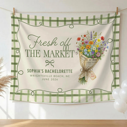 Fresh Off the Market Bachelorette Tapestry Personalized Bridal Bachelorette Party Backdrop, bridal shower decor (view 5)