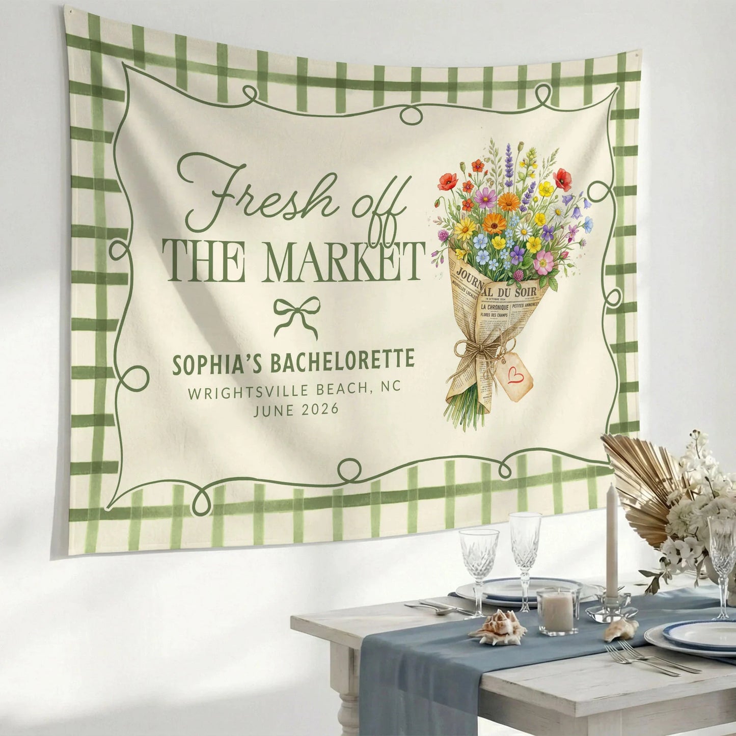 Fresh Off the Market Bachelorette Tapestry Personalized Bridal Bachelorette Party Backdrop, bridal shower decor (view 6)