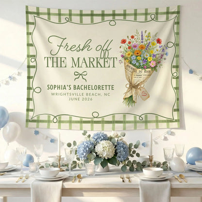 Fresh Off the Market Bachelorette Tapestry Personalized Bridal Bachelorette Party Backdrop, bridal shower decor (view 7)