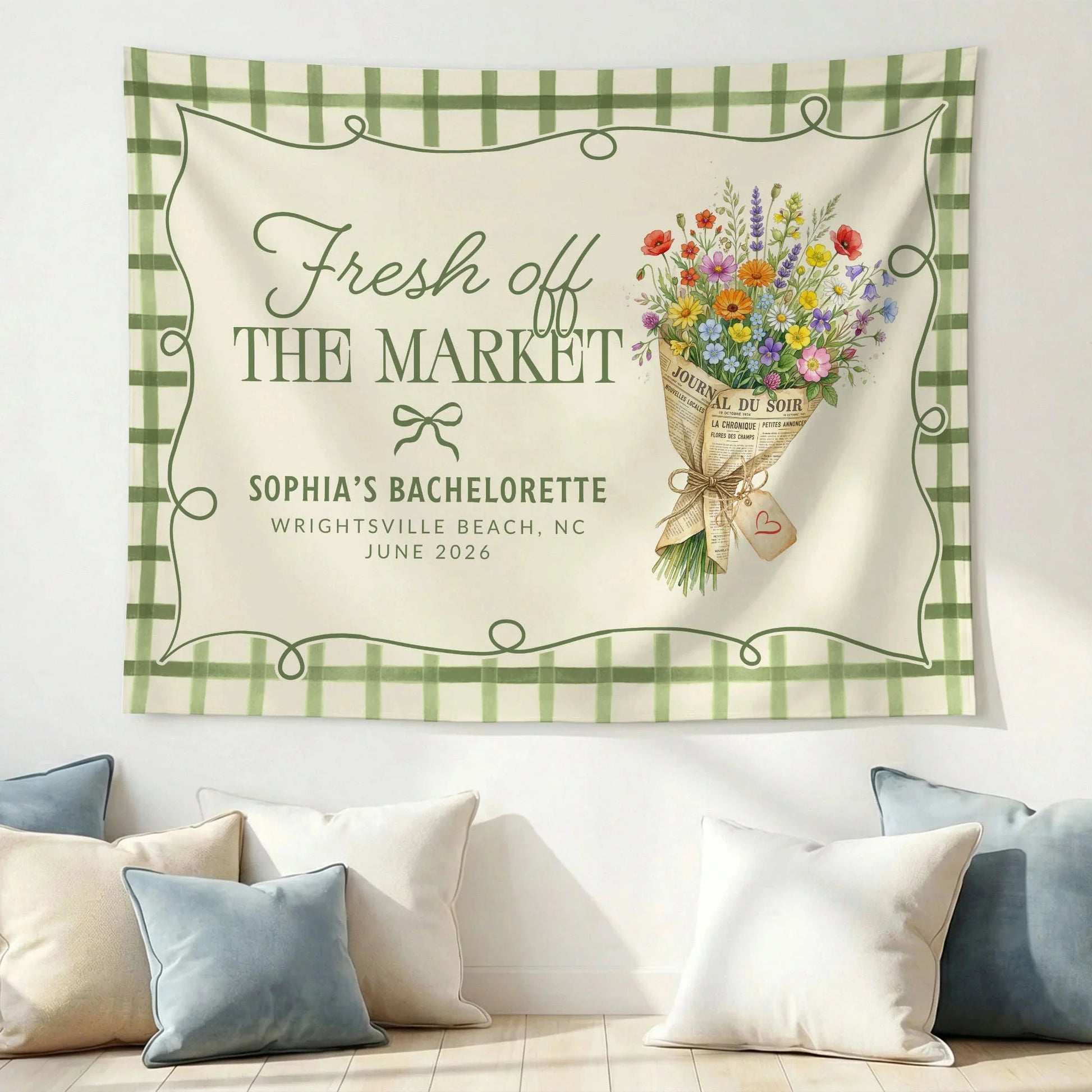Fresh Off the Market Bachelorette Tapestry Personalized Bridal Bachelorette Party Backdrop, bridal shower decor (view 8)