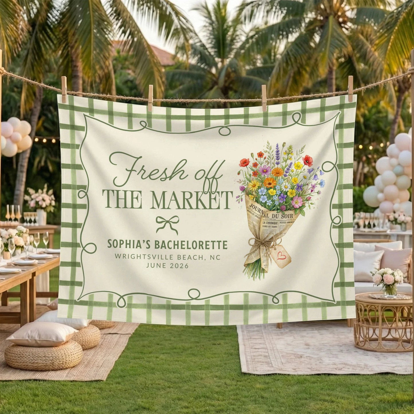 Fresh Off the Market Bachelorette Tapestry Personalized Bridal Bachelorette Party Backdrop, bridal shower decor (view 9)