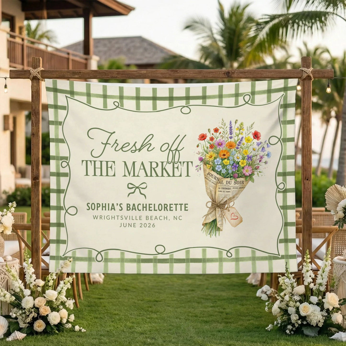 Fresh Off the Market Bachelorette Tapestry Personalized Bridal Bachelorette Party Backdrop, bridal shower decor (view 10)