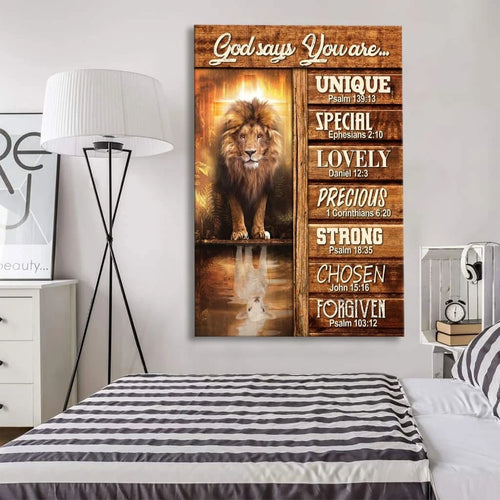 god says you are bible verse canvas print lion and lamb picture (Landscape)