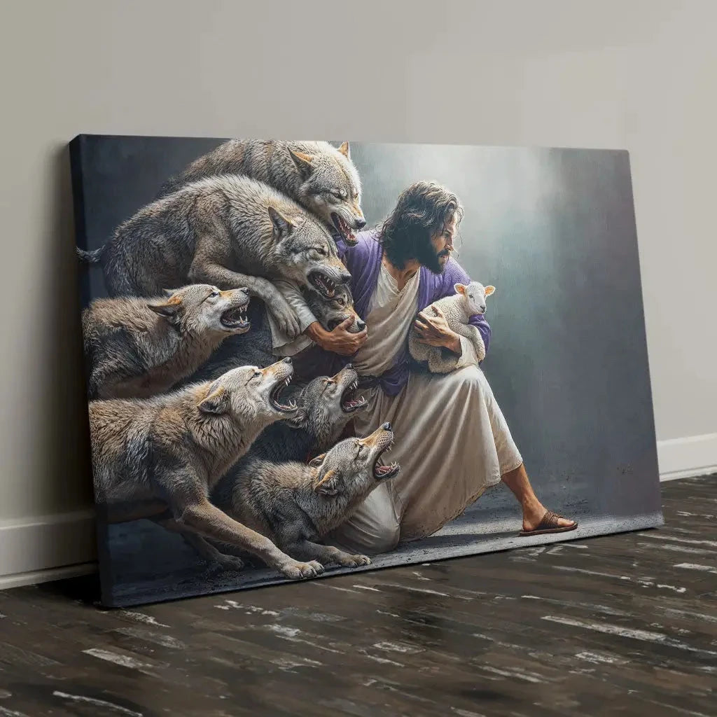 jesus protects the lamb from wolves wall art canvas (Landscape) (view 2)
