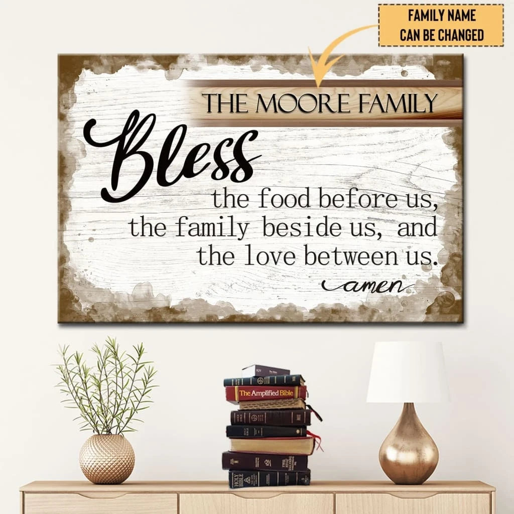 personalized family name bless the food before us christian wall art canvas print (Landscape)