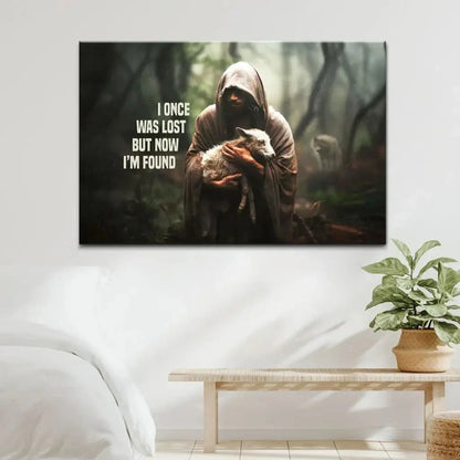 christian wall art canvas i once was lost but now i m found jesus and lost sheep picture (Landscape)
