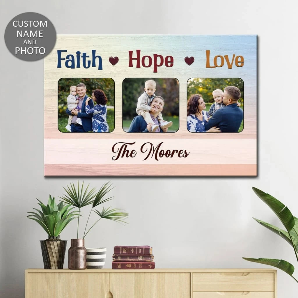 personalized faith hope love wall art canvas with custom family photos and name (Landscape)