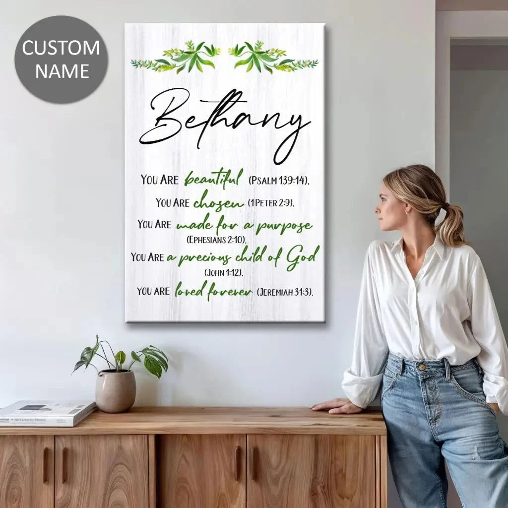 you are beautiful chosen made for a purpose personalized christian wall art canvas (view 2)
