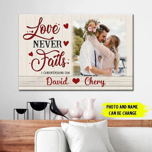 personalized love never fails christian wall art canvas with custom photo and names (Landscape)