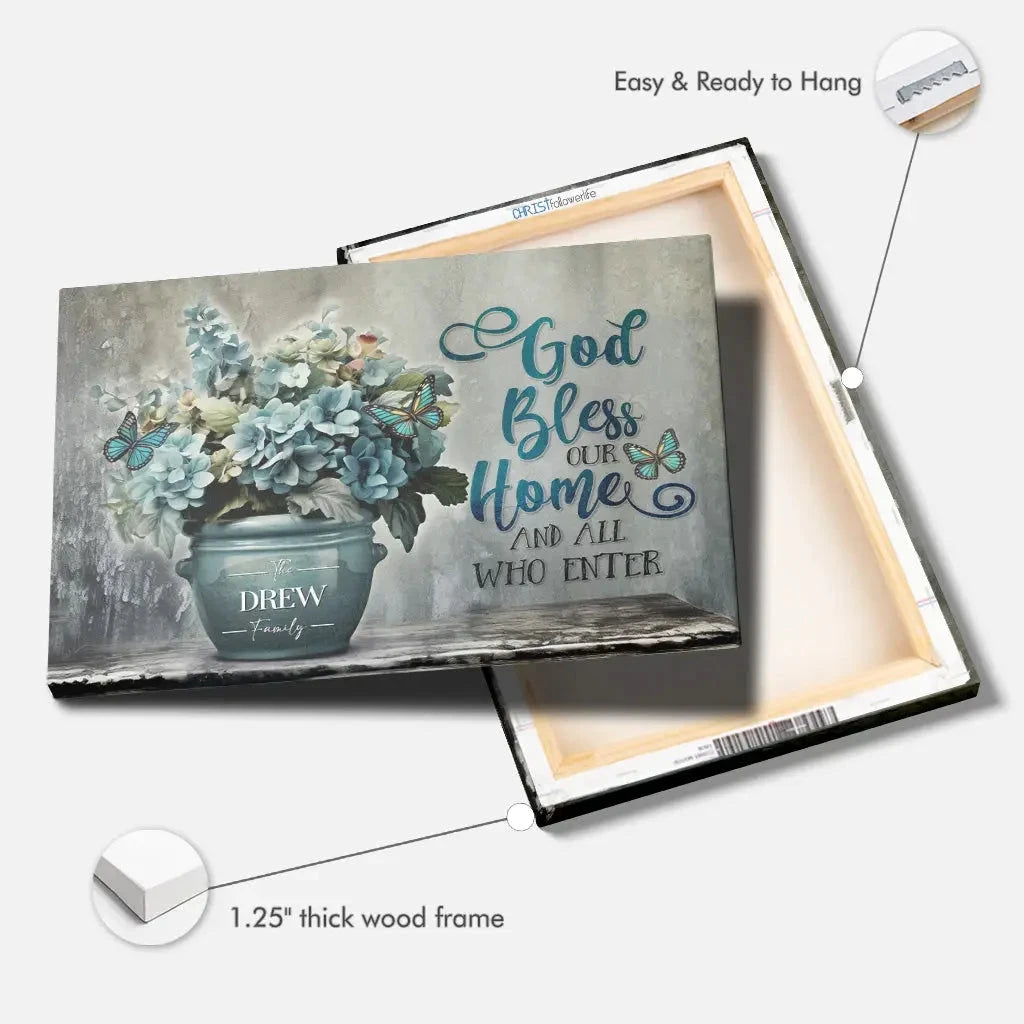 personalized god bless our home family name wall art canvas print (Landscape)